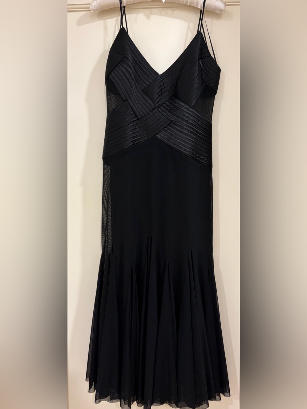Sheer Peek Black Midi Dress with Pleated Crossover Bodice